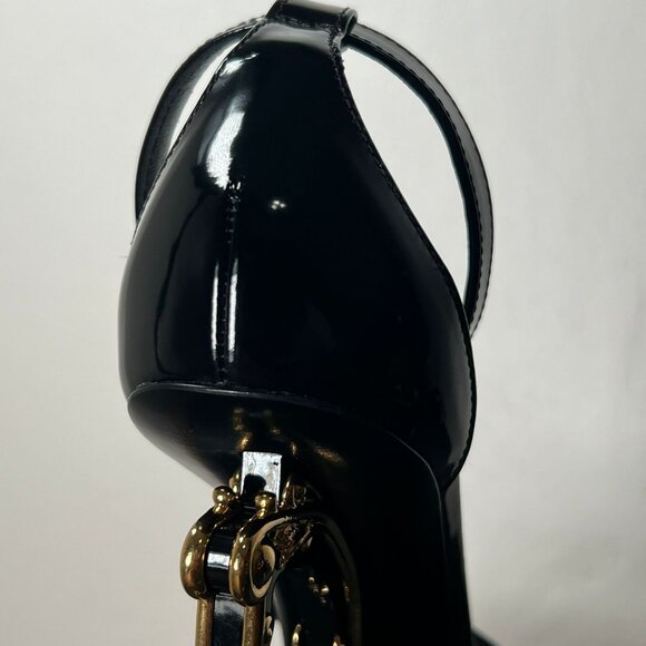 Dolce&Gabbana Black Gold Sculpted-Heel Baroque DG Patent Leather Sandals - Picture 8 of 14
